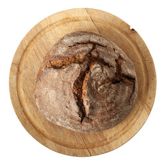 Freshly baked brown bread on cutting board isolated on white background. Flat lay.