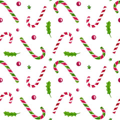 Seamless Christmas pattern with candy canes and holly leaf. Hand painted watercolor illustration on white background