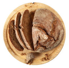 Freshly baked sliced brown bread on cutting board isolated on white background. Flat lay.