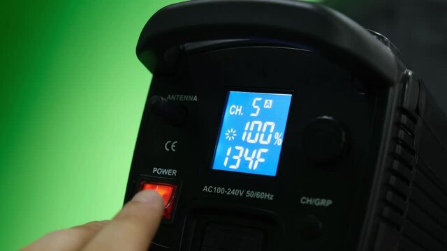 Studio soft light back screen. Lighting studio equipment. Green screen. Close up shot.