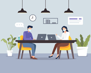 Social distancing at office workplace. People keeping distance in office, Safety awareness of covid-19 virus. Employees are maintain distance during work at workplace. Vector in a flat style