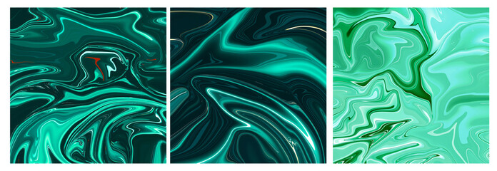 collection of three Vivid liquid digital art background with different colors shades in dynamic composition
