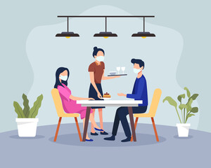 Couple having dinner in a restaurant with health protocols. New normal scene at restaurant, Men and women in cafe or restaurant. Waiter wearing medical mask and client. Vector in a flat style