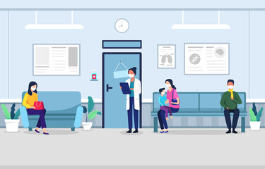Fototapeta na wymiar People in clinic waiting room. People sitting on chairs and waiting appointment time in medical hospital. Man and woman in queue at the clinic. Waiting in clinic hall. Vector illustration flat style