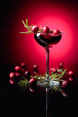 Cranberry liquor with rosemary on a red background.