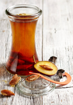Homemade damson liqueur with corn schnapps