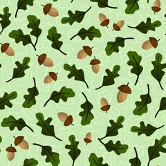 Vector seamless pattern with oak leaves and acorns; for wrapping paper, greeting cards, posters, banners, packaging.