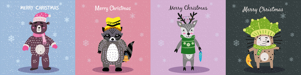 Christmas Animals Card Set cute bear, hedgehog, raccoon, deer. Hand drawn collection characters illustration vector