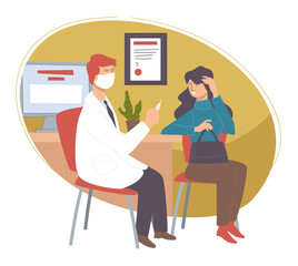 Woman at doctors office, appointment with doc