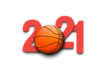 New Year numbers 2021 and basketball ball on an isolated background. Creative design pattern for greeting card, banner, poster, flyer, party invitation, calendar. Vector illustration