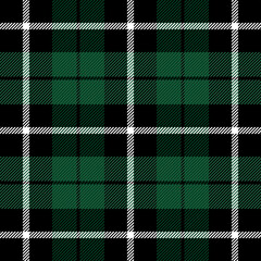 Christmas and new year tartan plaid. Scottish pattern in black, green and white cage. Scottish cage. Traditional Scottish checkered background. Seamless fabric texture. Vector illustration