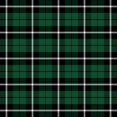 Christmas and new year tartan plaid. Scottish pattern in black, green and white cage. Scottish cage. Traditional Scottish checkered background. Seamless fabric texture. Vector illustration