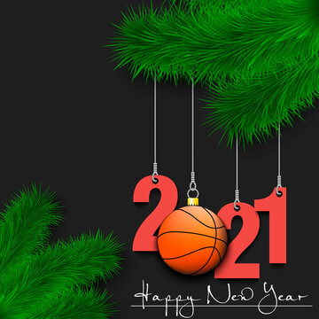 Happy New Year. Numbers 2021 and basketball ball as a Christmas decorations hanging on a Christmas tree branch. Design pattern for greeting card, banner, poster, flyer, invitation. Vector illustration