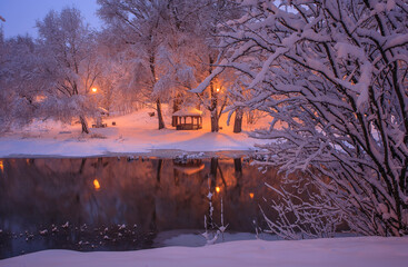 Early morning in the Park after a snowfall. Moscow