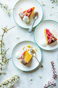 Almond sponge with a roasted rhubarb and vanilla compot, sliced