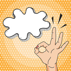 Cute OKAY vector illustration in pop art comic style, woman hand showing OK gesture with empty speech bubble for your text