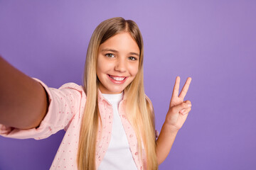 Photo of cheerful long hairdo pretty girl doing selfie show v-sign wear pink shirt isolated on violet color background