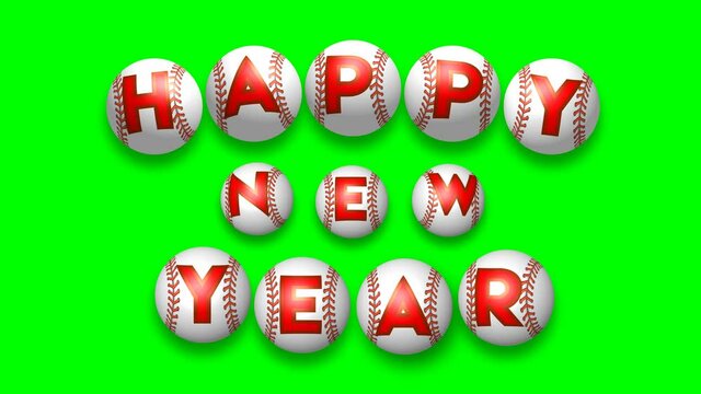 Happy New Year text baseball ball on green screen background