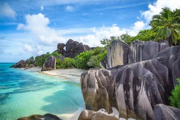 Crédence de cuisine en verre imprimé Anse Source D'Agent, île de La Digue, Seychelles granite rocks in paradise on tropical beach at anse source d'argent on la digue, seychelles