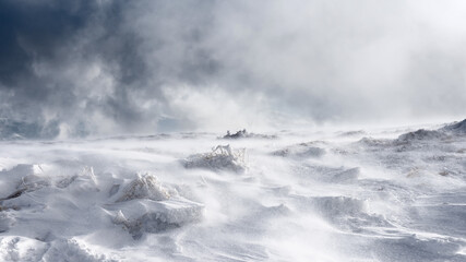 A mountain slope covered with a layer of snow during a blizzard. Trapped in motion. - obrazy, fototapety, plakaty