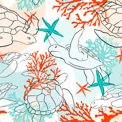 Vector seamless pattern with decorative ocean turtles. Colorful seamless pattern with animals, plants. Decorative cute wallpaper, good for printing. Overlapping background vector. Design illustration. - 395473122