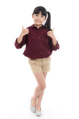 Beautiful asian girl showing thumbs up on white background isolated
