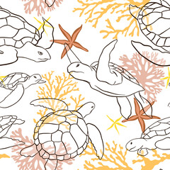 Vector seamless pattern with decorative ocean turtles. Colorful seamless pattern with animals, plants. Decorative cute wallpaper, good for printing. Overlapping background vector. Design illustration. - 395473159