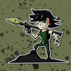 Anime military girl with a grenade launcher on a wall background.  illustration.Vector character