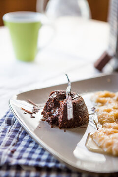 Chocolate cake with stewed rhubarb