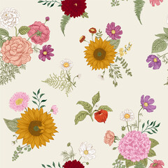 Seamless pattern with autumn flowers. Vector illustration.