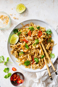 White Bowl Of Vegan Tofu Pad Thai Noodle Dish