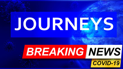Covid and journeys in breaking news - stylized tv blue news screen with news related to corona pandemic and journeys, 3d illustration