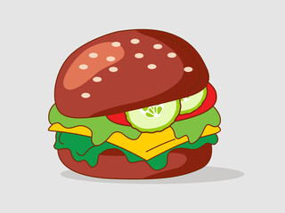 Healthy Vegan dark burgers with herbs, cheese, cucumber. Fast food meal. Flat Icon vector illustration.
The concept of healthy food, clean food
