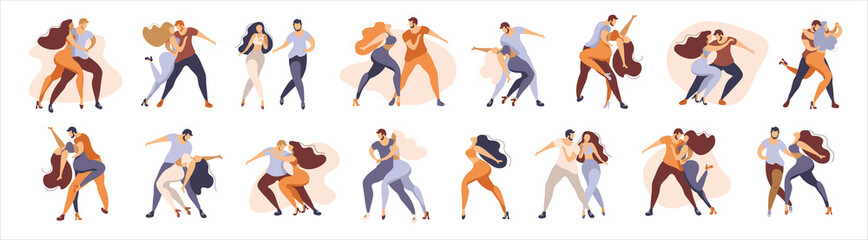 Big set/ Couple man and woman dancing latin american dances. Latino, bachata, kizobma. Poses for dancing are depicted in a stylish picture in modern colors.