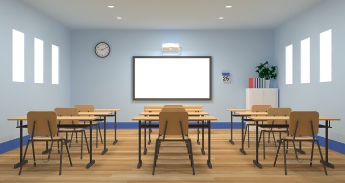 3d illustration of Modern Class Room with Blank Screen Projector 