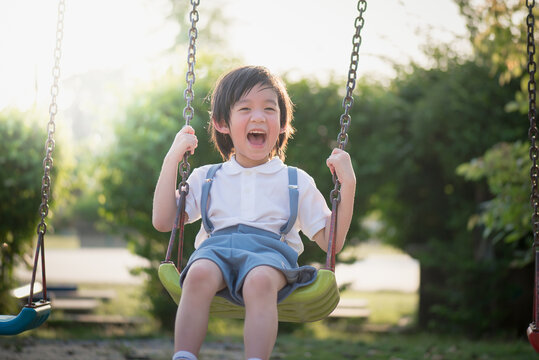 Cute Asian child having fun on swing in the park