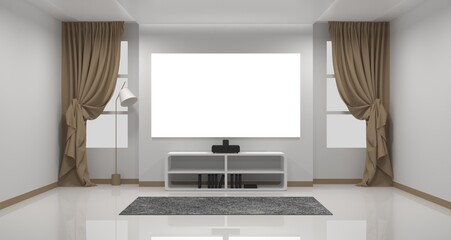 3D illustration of a living room with a blank projector screen for multimedia.
