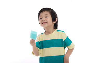 Cute Asian child eat ice-cream on white background isolated