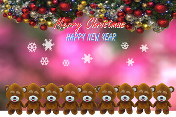 Happy Christmas companions. Lettering Merry Christmas and Happy new year with group of cute smiling teddy bear toy for background