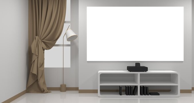 3D illustration of a living room with a blank projector screen for multimedia.