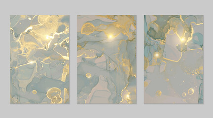 Blue-grey, and gold marble abstract backgrounds. Set of alcohol ink technique vector stone textures. Modern paint in natural colors with glitter. Template for banner, poster design. Fluid art painting