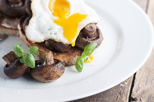 Mushrooms on toast with a dripping Egg on top