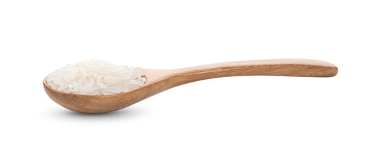rice grains in wood spoon on white background