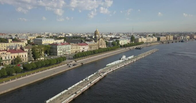 4K aerial sunny day video view of Saint Petersburg's old center embankment area, Neva River panorama, historical golden domes cathedral near Finnish Bay and surroundings of Russia's northern capital