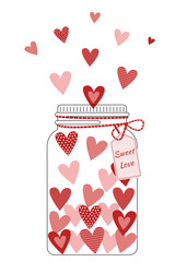 Illustration of hearts in the glass jar. Valentines day. Vector