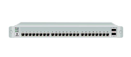 The Ethernet 1U switch for mounting with a 19-inch rack with 26 ports, including 2 backbones port. The color of the switch is light. Vector illustration. - obrazy, fototapety, plakaty