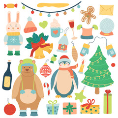 hand drawn vector set of festive Christmas elements. New year's cute animals in warm clothes and decorative objects in flat style. celebration winter collection. isolated on beige background.