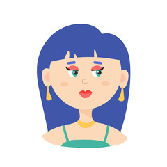 vector portrait of elegant young woman in evening dress and blue long hair. glamorous fashion lady in flat style with round head,make up. beautiful fashionable girl. isolated on white background.