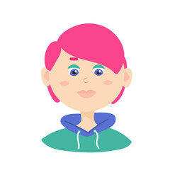 vector portrait of a girl in a hoodie with short pink hair. young woman with haircut in casual and flat style. isolated on white background.