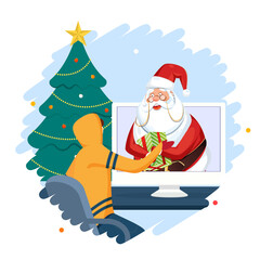 Santa Claus Giving A Gift Box To Young Boy From Desktop With Xmas Tree On Abstract Background. Can Be Used As Poster Design.